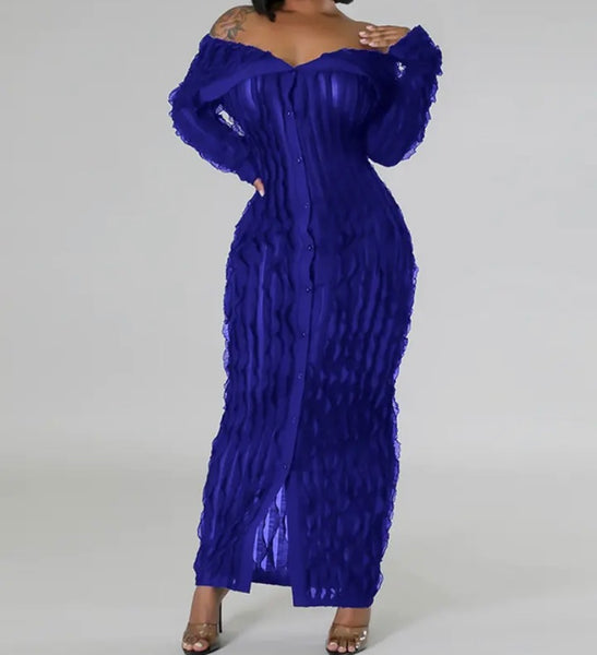 Women Sexy Off The Shoulder Mesh Button Up Full Sleeve Maxi Dress