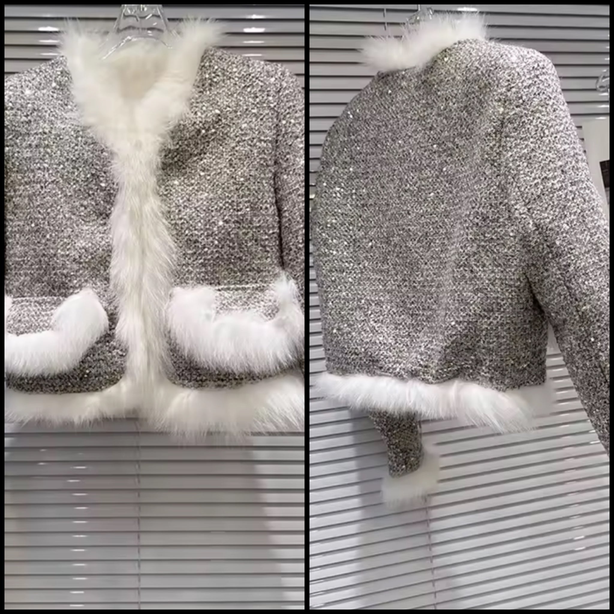 Women Fur Patchwork Sequins Fashion Tweed Jacket