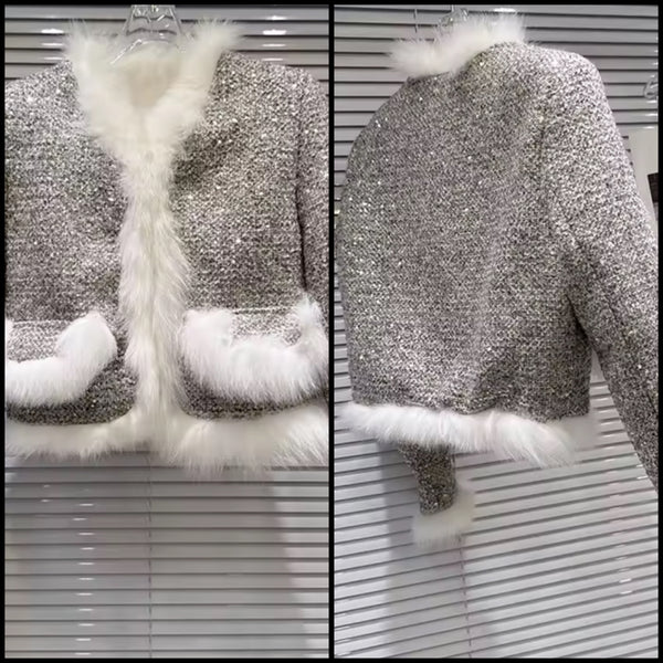 Women Fur Patchwork Sequins Fashion Tweed Jacket
