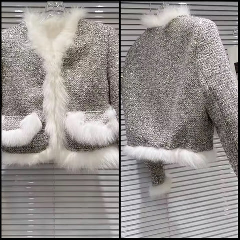 Women Fur Patchwork Sequins Fashion Tweed Jacket