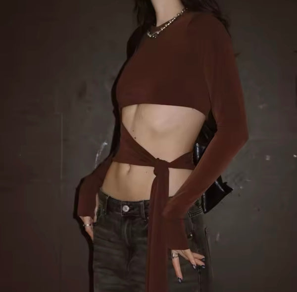 Women Fashion Full Sleeve Cut Out Tie Up Tassel Crop Top