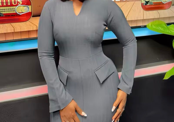 Women Sexy Solid Color Pocket Full Sleeve Dress
