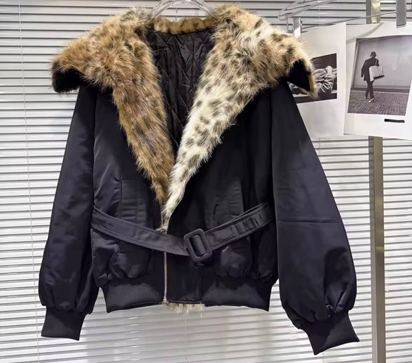 Women Black Leopard Faux Fur Patchwork Belted Jacket