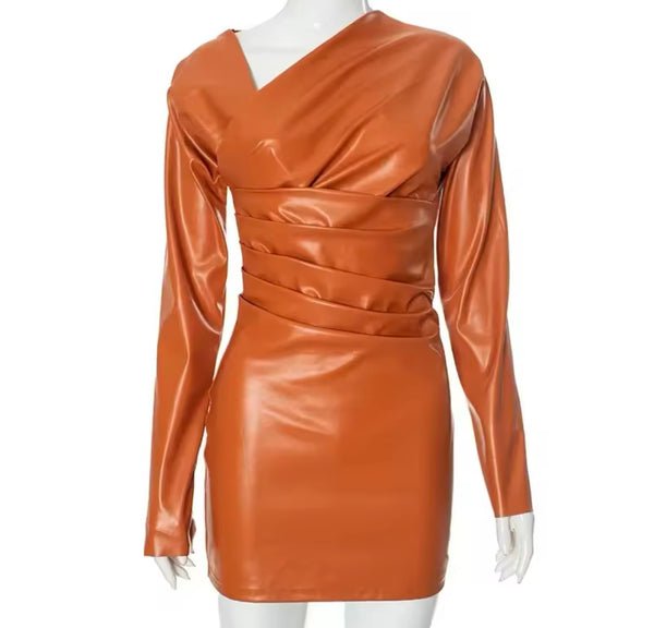 Women Orange Faux Leather Ruched Sexy Full Sleeve Dress