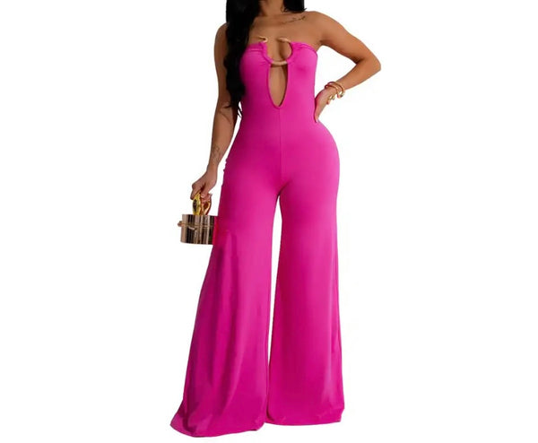 Women Sexy Strapless Metal V-Neck Wide Leg Jumpsuit