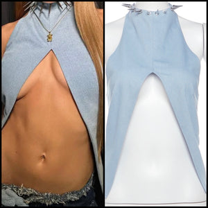 Women Fashion Spiked Halter Sleeveless Denim Top