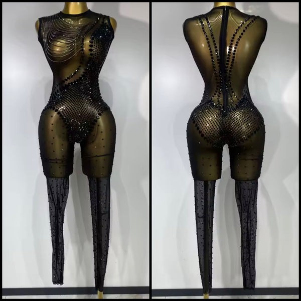 Women Sexy Sleeveless See Through Chain Rhinestone Jumpsuit
