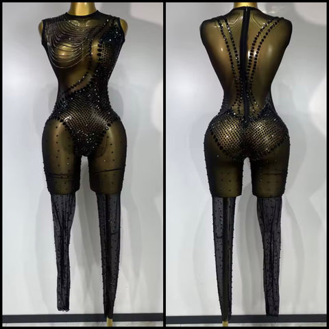 Women Sexy Sleeveless See Through Chain Rhinestone Jumpsuit