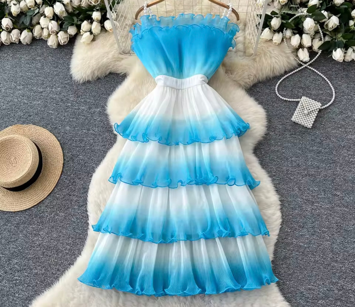 Women Strapless Gradient Ruffled Sexy Maxi Dress