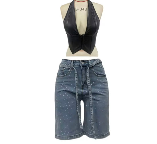 Women Fashion Faux Leather Halter Two Piece Bling Denim Short Set