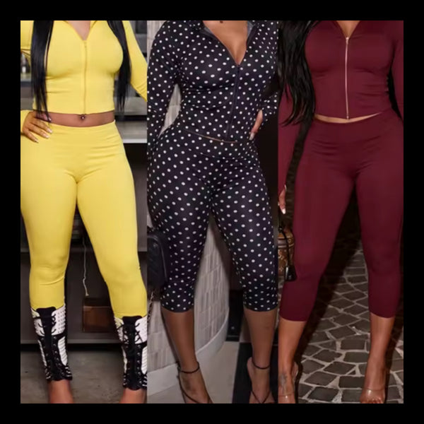Women Zip Up Hooded Full Sleeve Two Piece Capri Pant Set