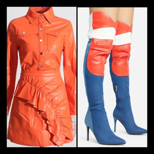 Women Pointed Toe Color Patchwork Over The Knee High Heel Boots