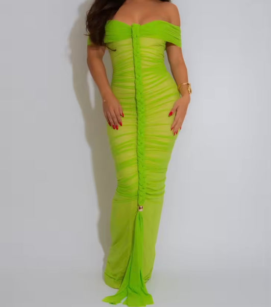 Women Sexy Off The Shoulder Color Mesh Ruched Maxi Dress