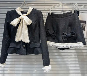 Women Fashion Tweed Bow Full Sleeve Two Piece Short Set