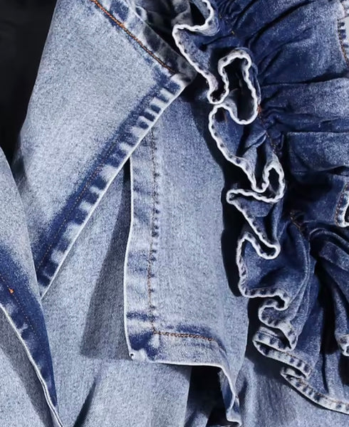 Women Fashion Blue Ruffled Denim Trench Jacket