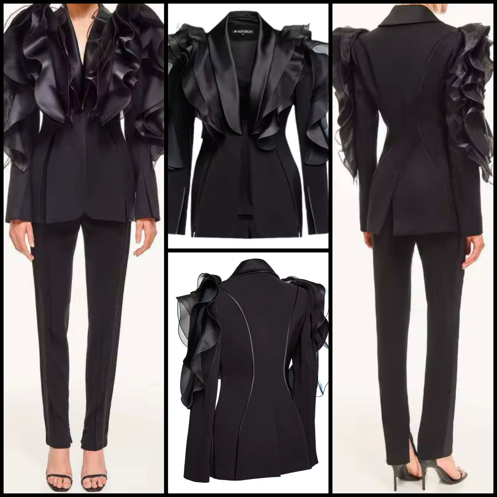 Women Black Ruffled Full Sleeve Fashion Blazer Top