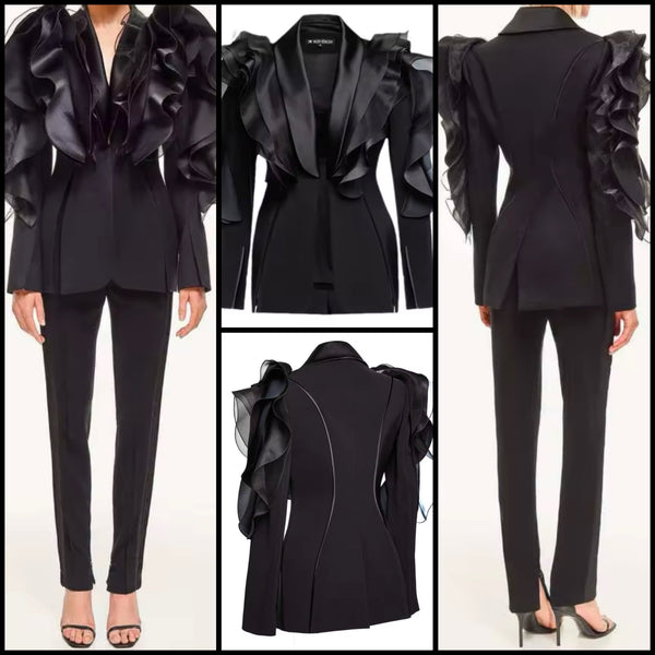 Women Black Ruffled Full Sleeve Fashion Blazer Top