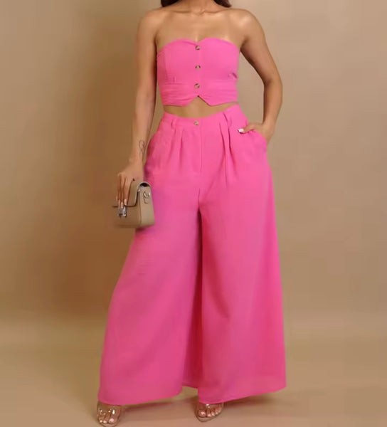 Women Sexy Button Up Strapless Two Piece Wide Leg Pant Set