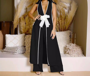 Women B&W Bow Sleeveless Sexy Fashion Two Piece Pant Set