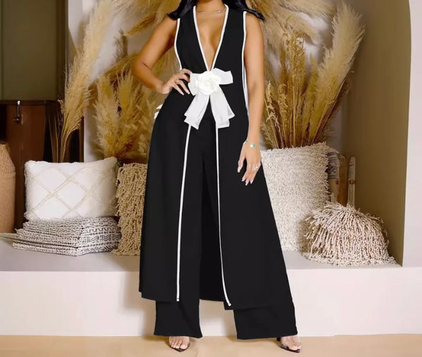 Women B&W Bow Sleeveless Sexy Fashion Two Piece Pant Set