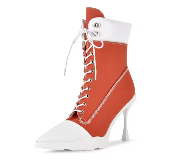 Women Color Patchwork Pointed Toe Lace Up Ankle Boots