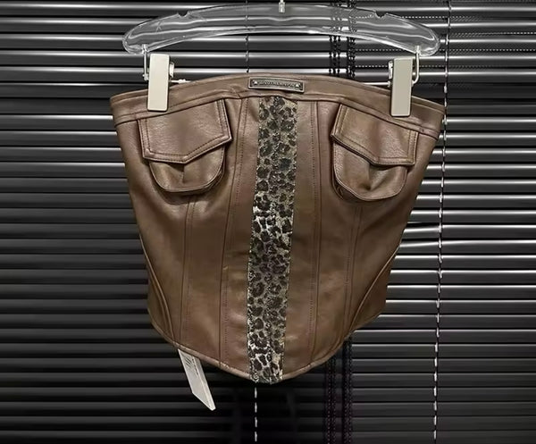 Women Sexy Strapless Leopard Patchwork Faux Leather Two Piece Skirt Set