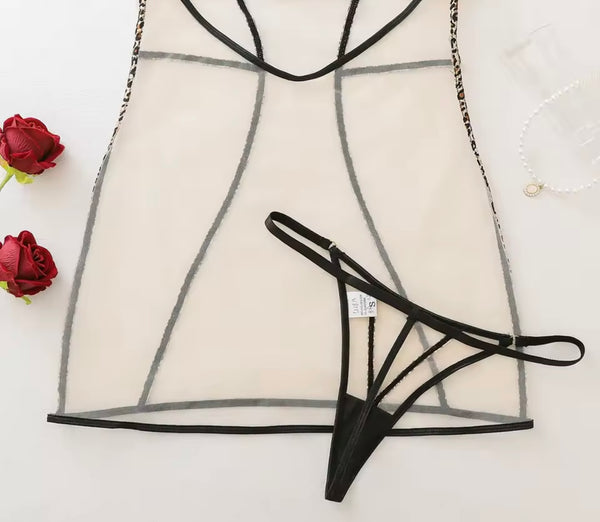 Women Sexy Sleeveless Leopard Print Mesh Nightgown Lingerie Set