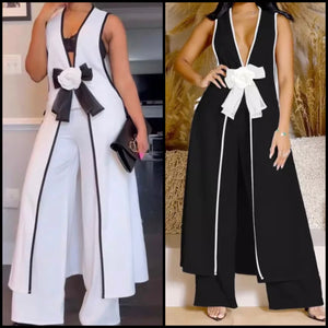 Women B&W Bow Sleeveless Sexy Fashion Two Piece Pant Set