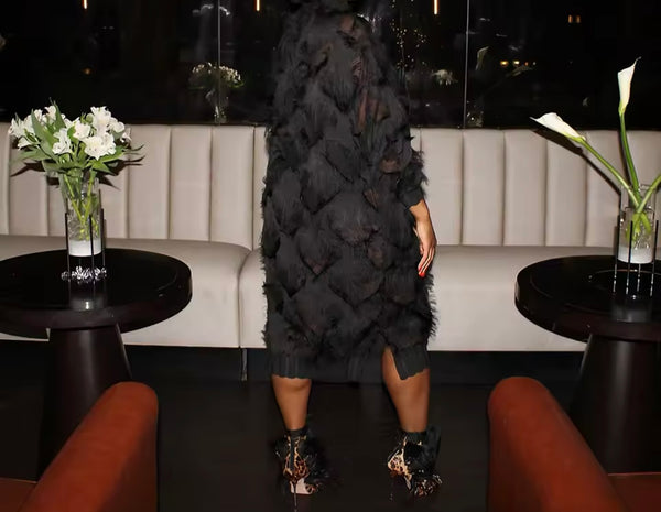 Women Sexy Black Full Sleeve Fringe See Through Dress