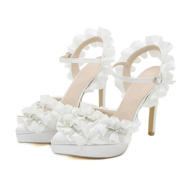 Women Fashion Ruffled Bling Bow Ankle Strap High Heels