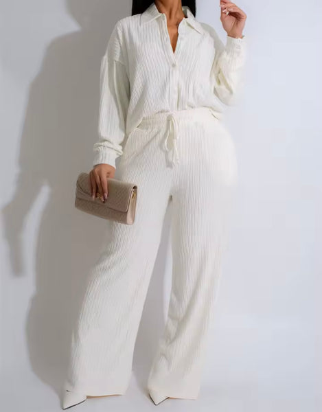 Women Button Up Ribbed Full Sleeve Two Piece Pant Set