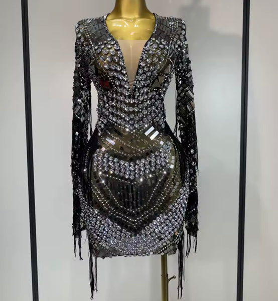 Women Sexy Beaded Rhinestone Mesh Full Sleeve Dress