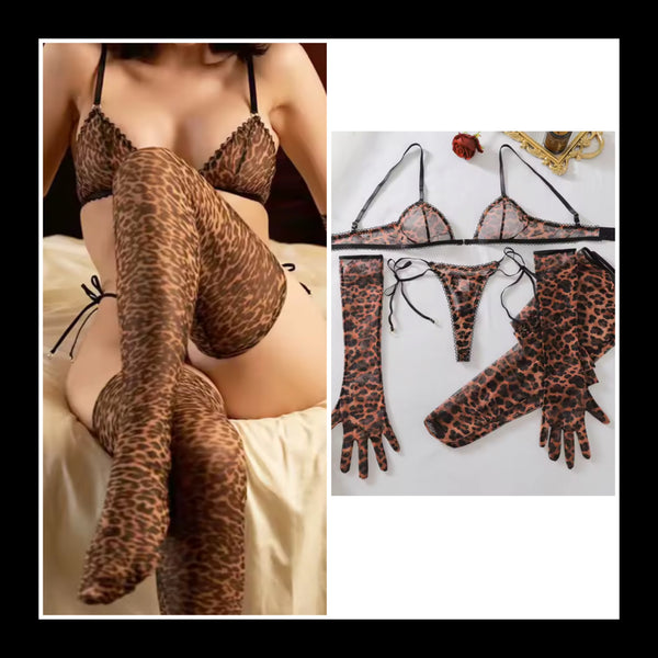 Women Sexy Leopard Mesh Six Piece Lingerie Set