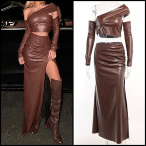 Women Brown Faux Leather One Shoulder Full Sleeve Two Piece Maxi Skirt Set