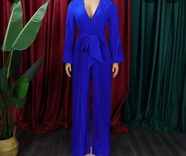 Women Sexy V-Neck Full Sleeve Belted Pleated Jumpsuit