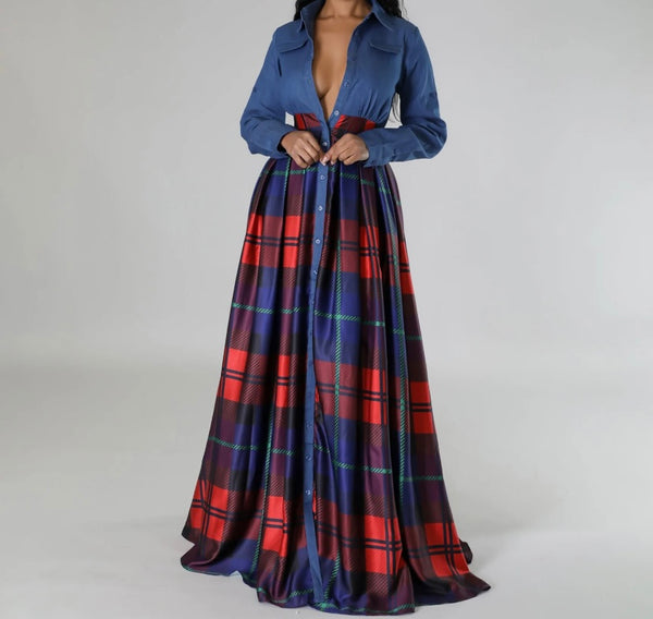 Women Sexy Fashion Button Up Denim Patchwork Plaid Maxi Dress