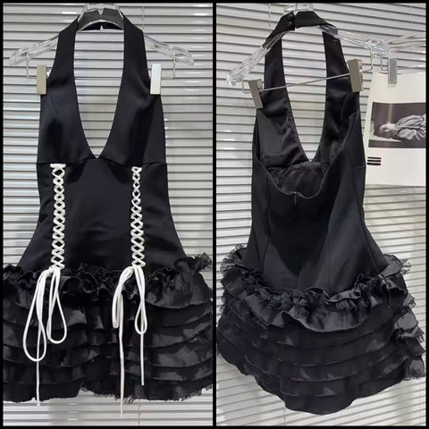 Women Fashion B&W Halter Sleeveless Ruffled Tie Up Dress