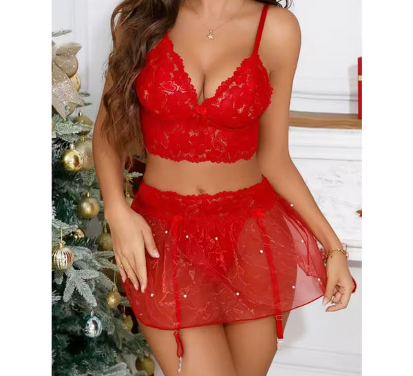 Women Sexy Red Lace Mesh Lingerie Set