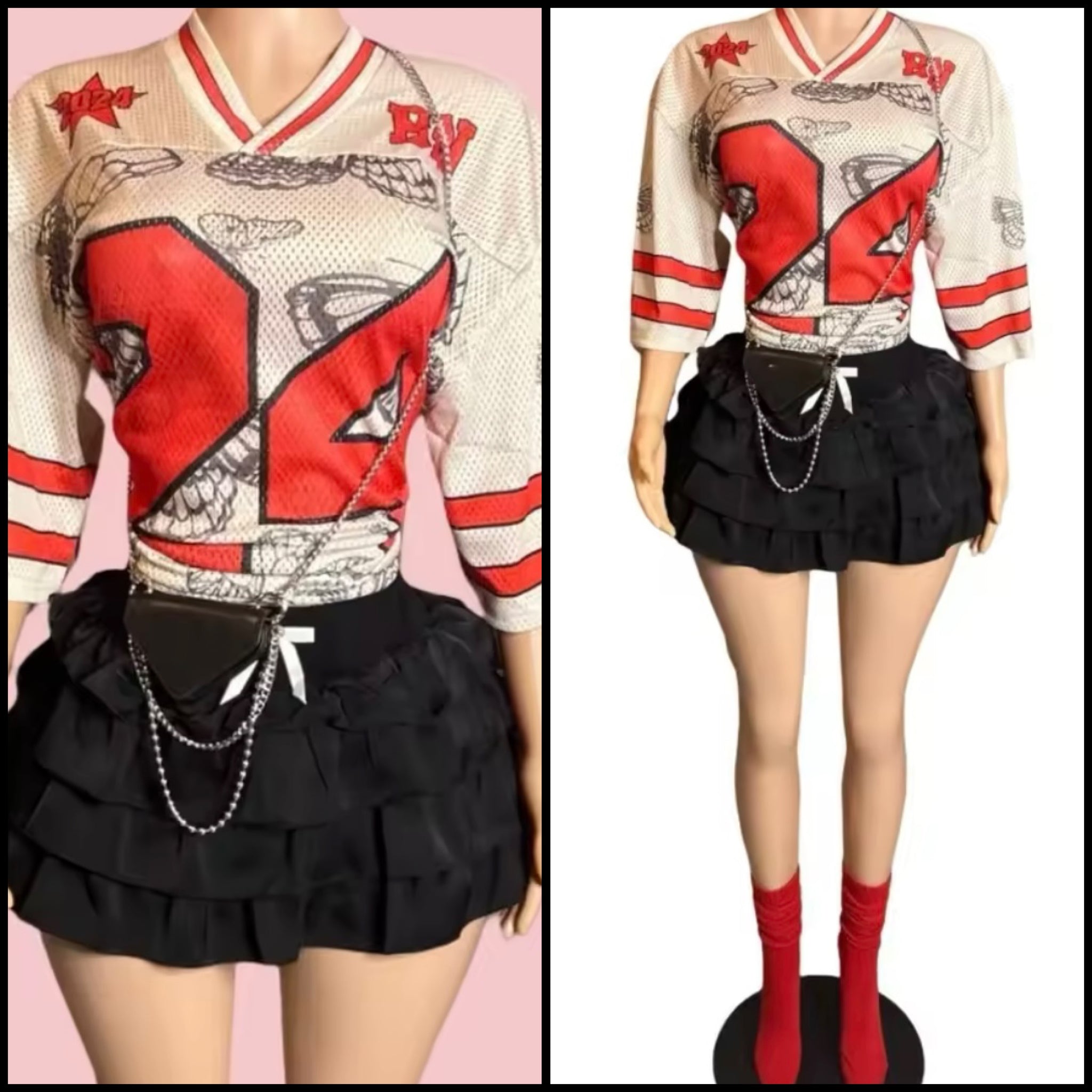 Women Sexy Number Jersey Two Piece Ruffled Skirt Set