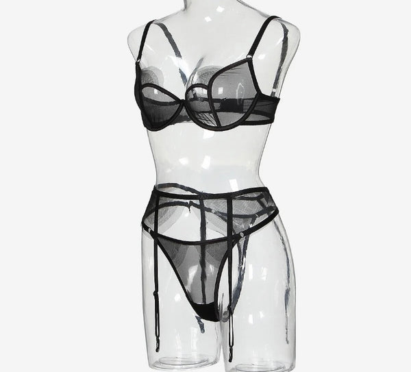 Women Sexy Black Mesh Lingerie Set