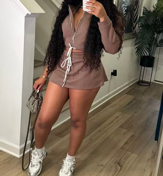 Women Zip Up Drawstring Full Sleeve Two Piece Skirt Set