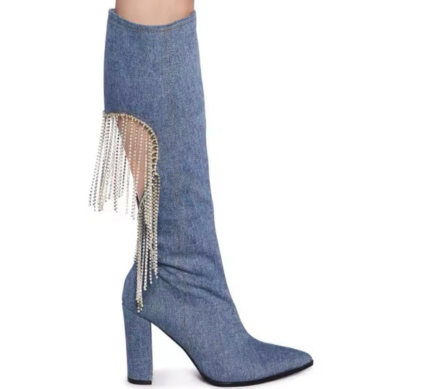 Women Denim Cut Out Heart Rhinestone Tassel Knee High Boots