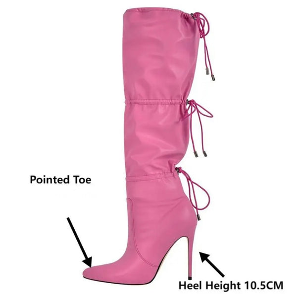 Women Fashion Faux Leather High Heel Tie Up Knee High Boots