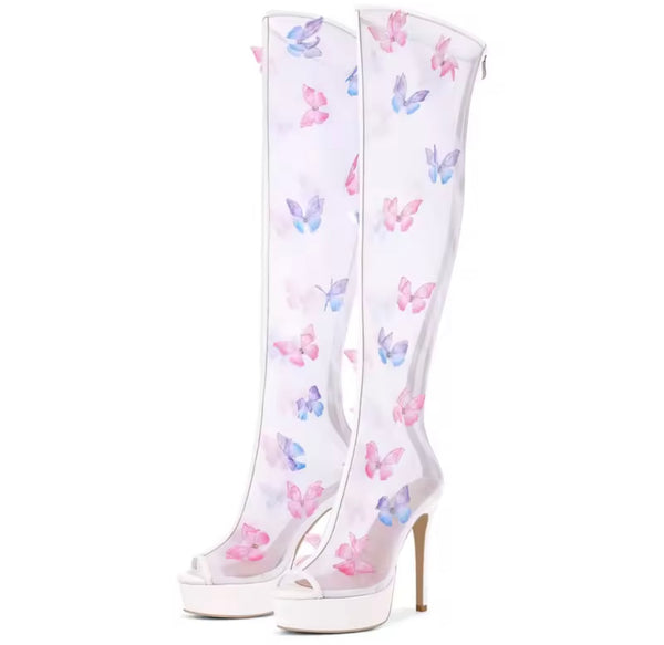 Women White Open Toe Color Butterfly Mesh Knee High Boots