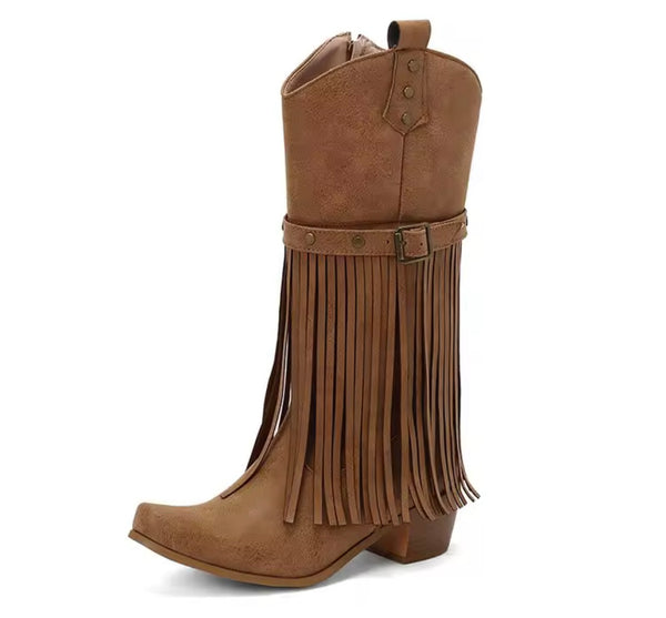 Women Fashion Fringe Tassel Knee High Western Boots
