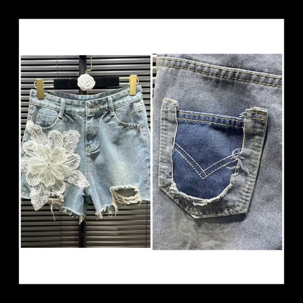 Women Fashion Beaded Floral Ripped Denim Shorts