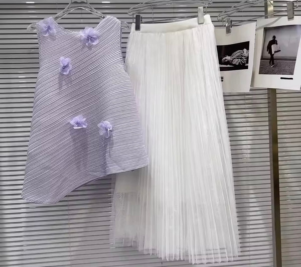 Women 3D Floral Sleeveless Pleated Two Piece Maxi Skirt Set