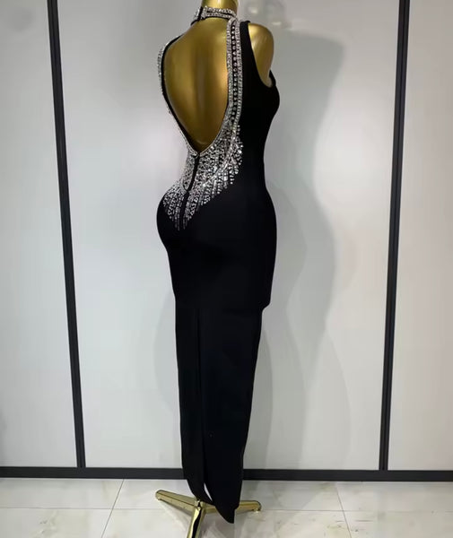 Women Black Sleeveless Open Back Rhinestone Maxi Dress