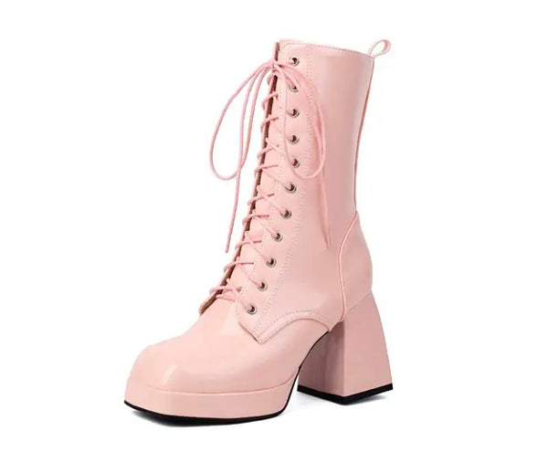 Women Fashion Lace Up Patent Leather Ankle Boots