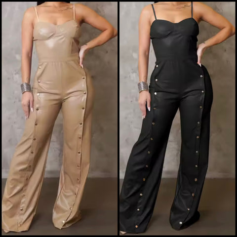 Women Sleeveless Rivet Faux Leather Fashion Jumpsuit
